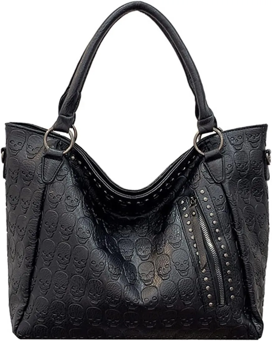 Handbags and Purses for Women Leather Shoulder Bag Skull Print Satchel Fashion Top-Handle Tote Ladies Wallet, One Color, One Size