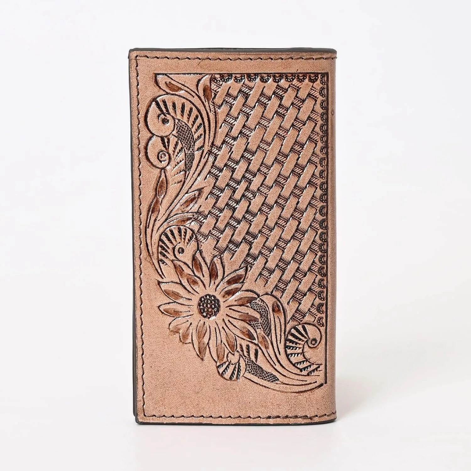 Handcrafted Western Leather Wallet for Men & Women Card Holder RFID Protected Checkbook Cover Purses Leather Hand Bag Genuine Leather Slim Bifold Wallet Western Design Handtooled Brown