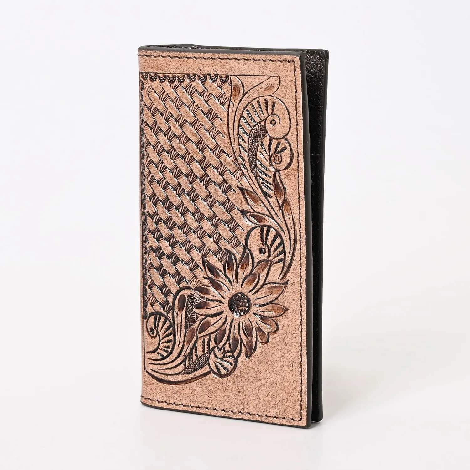 Handcrafted Western Leather Wallet for Men & Women Card Holder RFID Protected Checkbook Cover Purses Leather Hand Bag Genuine Leather Slim Bifold Wallet Western Design Handtooled Brown