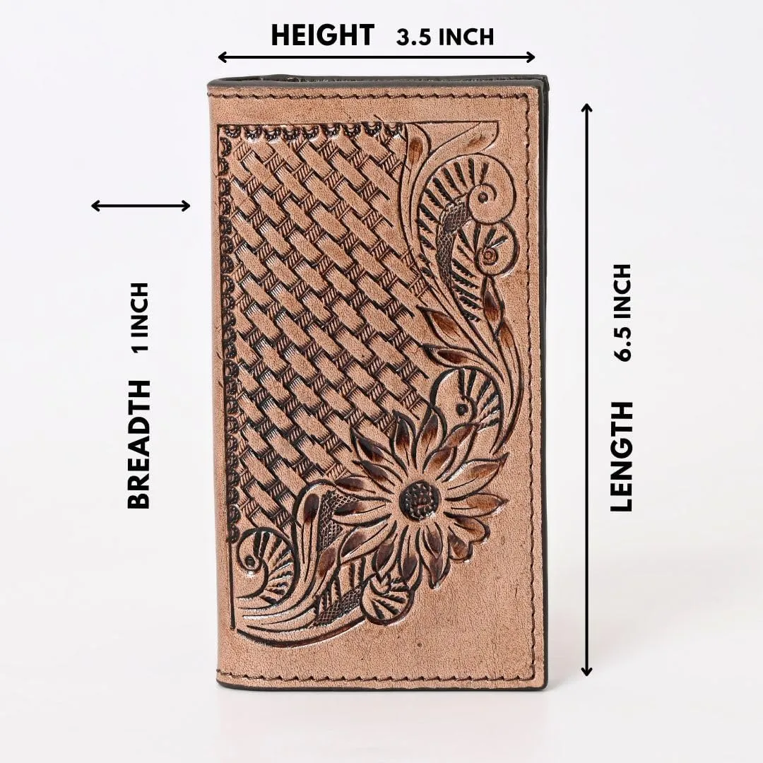 Handcrafted Western Leather Wallet for Men & Women Card Holder RFID Protected Checkbook Cover Purses Leather Hand Bag Genuine Leather Slim Bifold Wallet Western Design Handtooled Brown