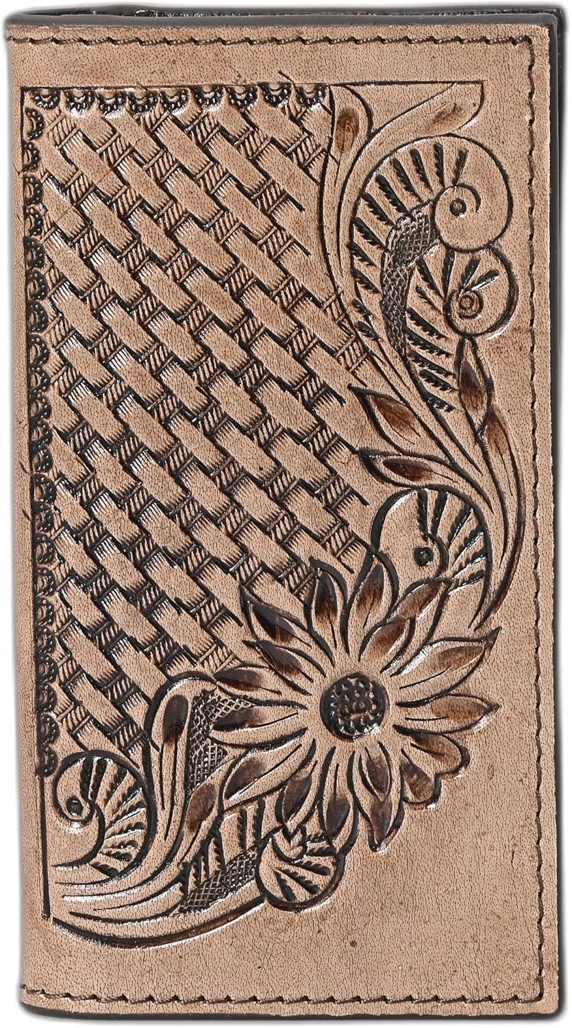Handcrafted Western Leather Wallet for Men & Women Card Holder RFID Protected Checkbook Cover Purses Leather Hand Bag Genuine Leather Slim Bifold Wallet Western Design Handtooled Brown