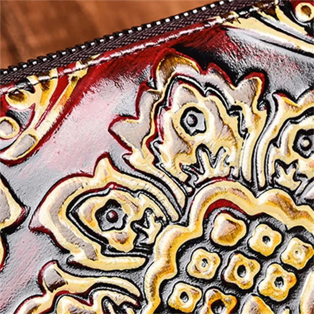 Handmade Rubbed Colour Cowhide Clutch Embossed Ladies Wallet Long Zipper Bag Female