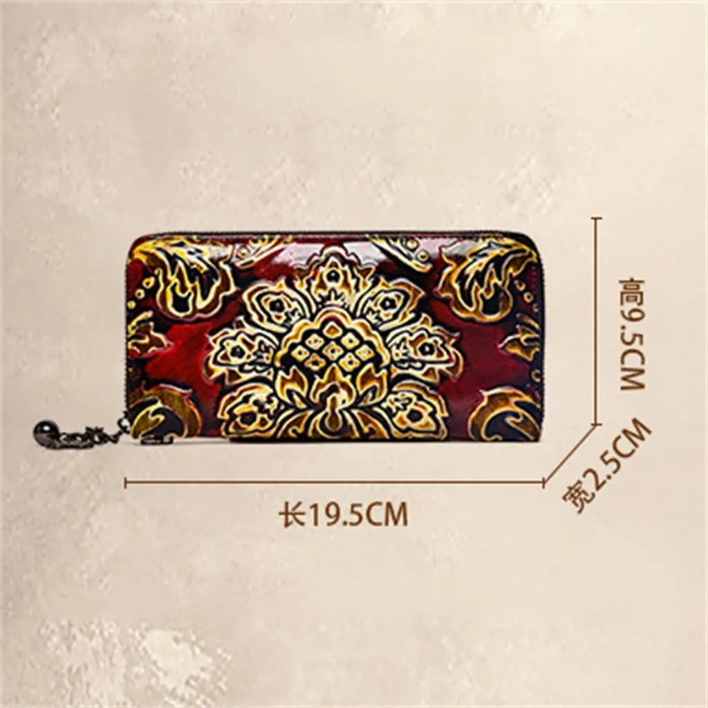 Handmade Rubbed Colour Cowhide Clutch Embossed Ladies Wallet Long Zipper Bag Female