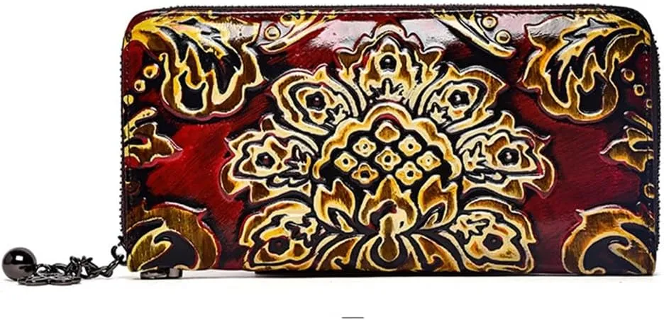 Handmade Rubbed Colour Cowhide Clutch Embossed Ladies Wallet Long Zipper Bag Female