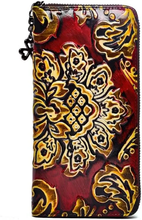 Handmade Rubbed Colour Cowhide Clutch Embossed Ladies Wallet Long Zipper Bag Female