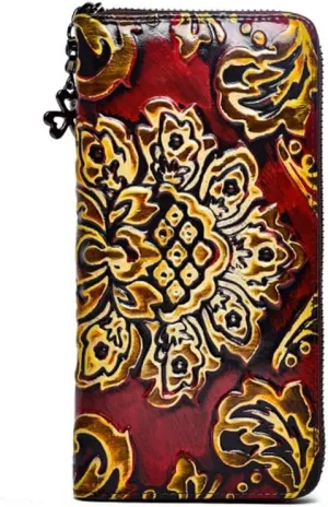 Handmade Rubbed Colour Cowhide Clutch Embossed Ladies Wallet Long Zipper Bag Female