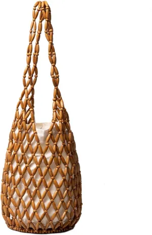 Handmade Woven Bucket Bag Drawstring Handbag for Women Summer Beach Bag Bohemian Clutch Bag Retro Top-handle Bag