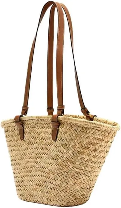 Handwoven Rattan Bag for Women Summer Beach Straw Bags Large Capacity Tote Shoulder Handbag with Leather Straps Khaki