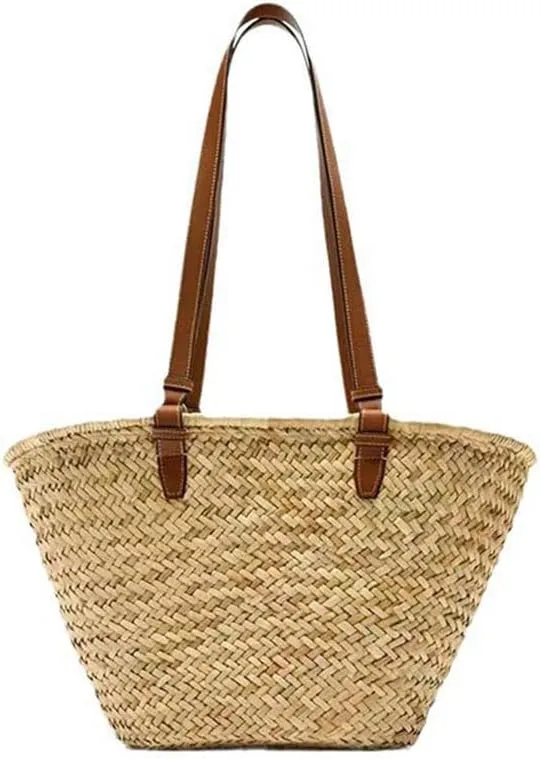 Handwoven Rattan Bag for Women Summer Beach Straw Bags Large Capacity Tote Shoulder Handbag with Leather Straps Khaki