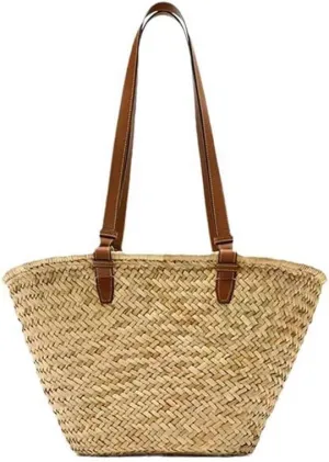Handwoven Rattan Bag for Women Summer Beach Straw Bags Large Capacity Tote Shoulder Handbag with Leather Straps Khaki