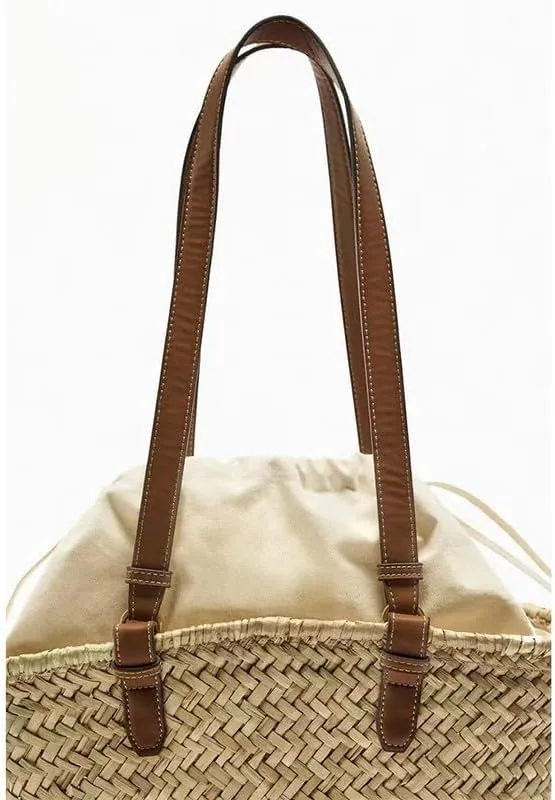 Handwoven Rattan Bag for Women Summer Beach Straw Bags Large Capacity Tote Shoulder Handbag with Leather Straps Khaki