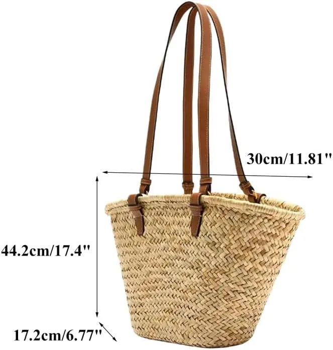 Handwoven Rattan Bag for Women Summer Beach Straw Bags Large Capacity Tote Shoulder Handbag with Leather Straps Khaki