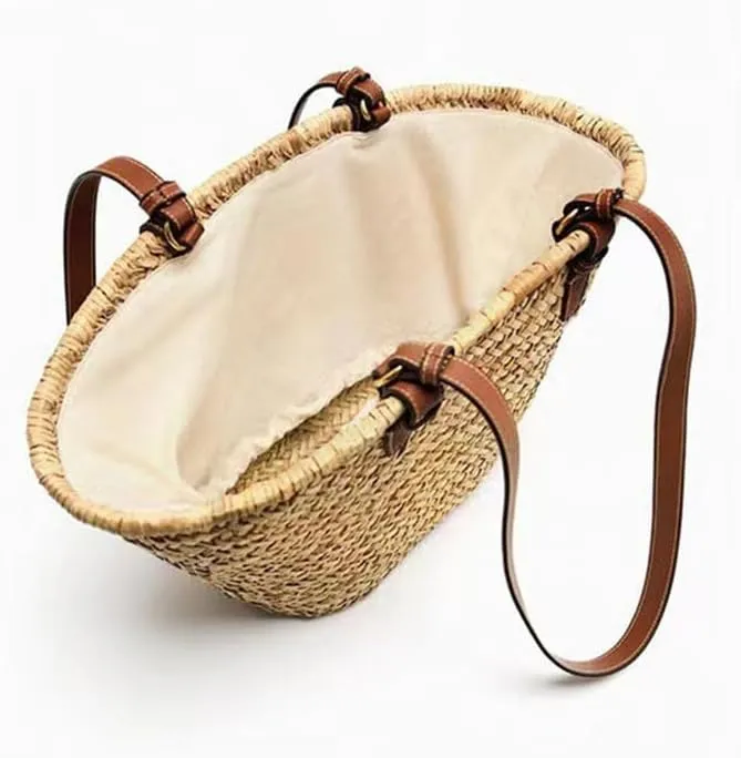 Handwoven Rattan Bag for Women Summer Beach Straw Bags Large Capacity Tote Shoulder Handbag with Leather Straps Khaki