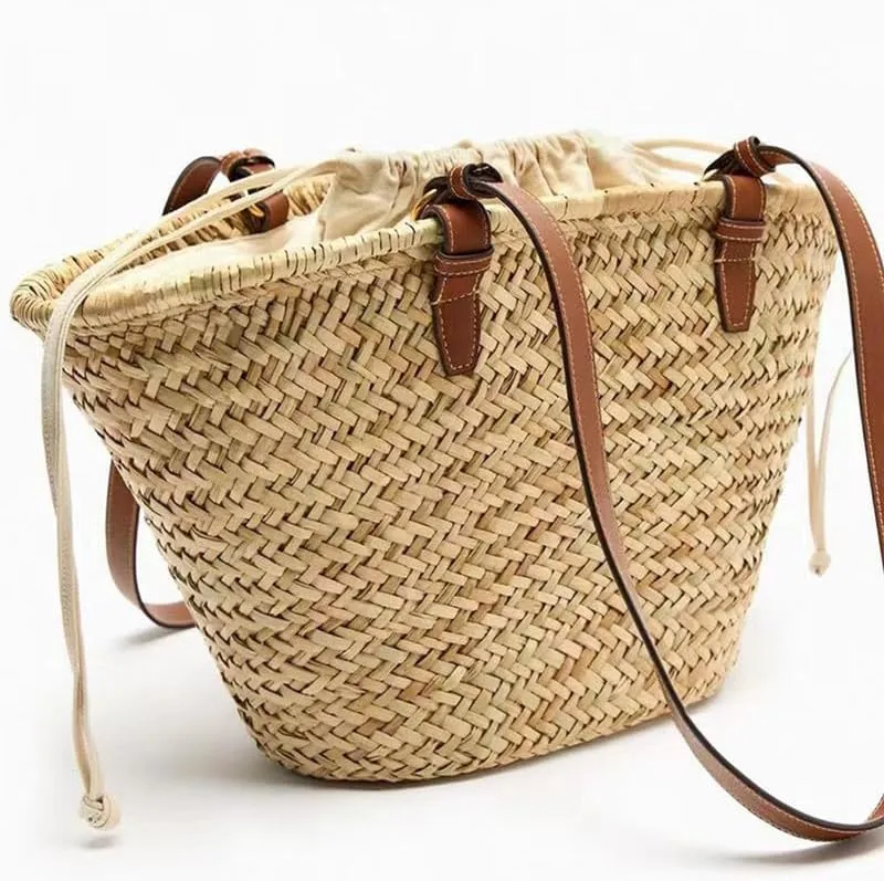 Handwoven Rattan Bag for Women Summer Beach Straw Bags Large Capacity Tote Shoulder Handbag with Leather Straps Khaki