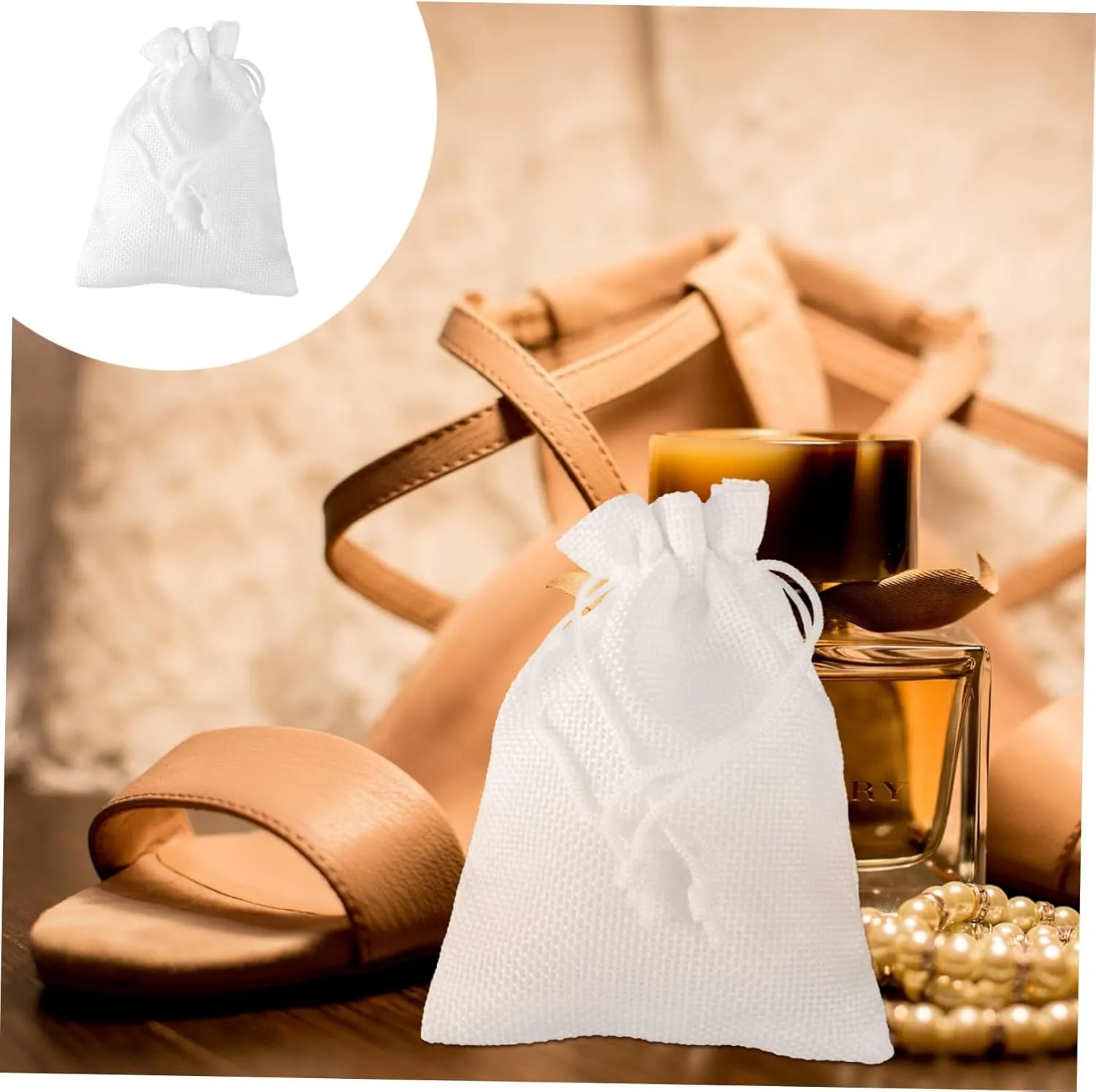 HAPINARY 10 Pack Linen Jute Drawstring Jewelry Pouches White Bag for Makeup Beads Wedding Favors