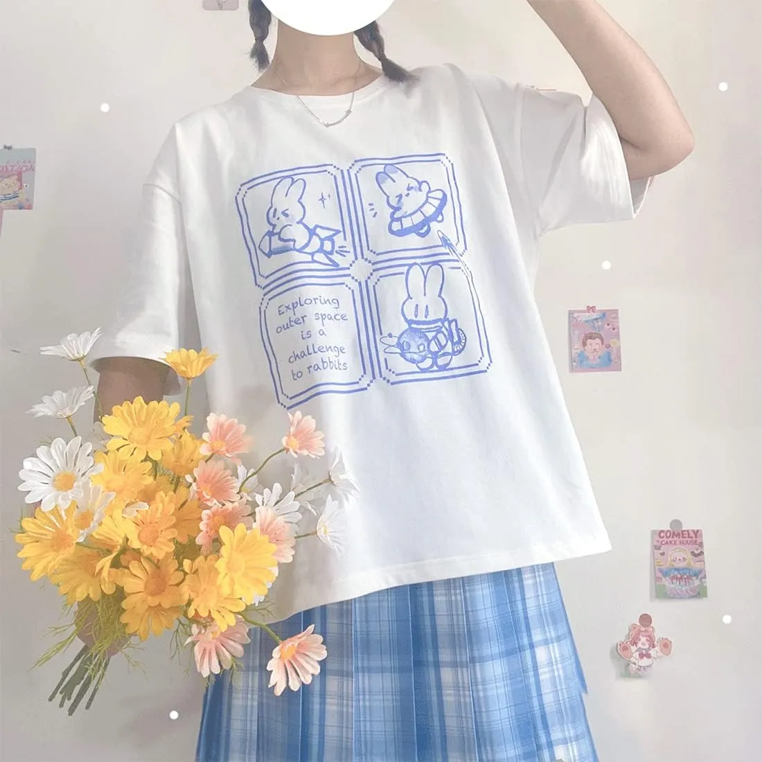 Harajuku Fashion Kawaii Goth Casual Style Soft Loose Crewneck Cute Cartoon Space Bunny Print T-Shirt