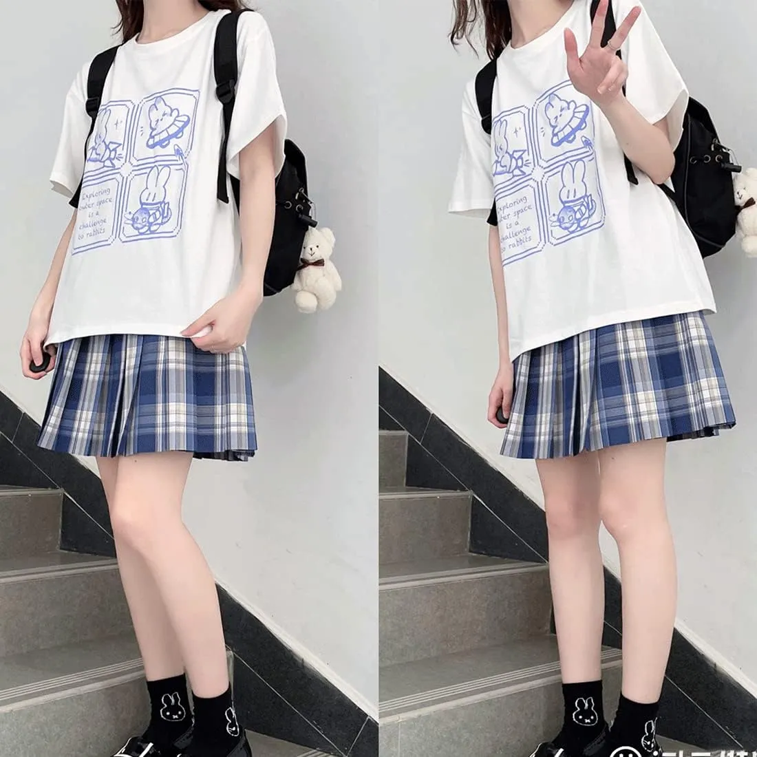 Harajuku Fashion Kawaii Goth Casual Style Soft Loose Crewneck Cute Cartoon Space Bunny Print T-Shirt