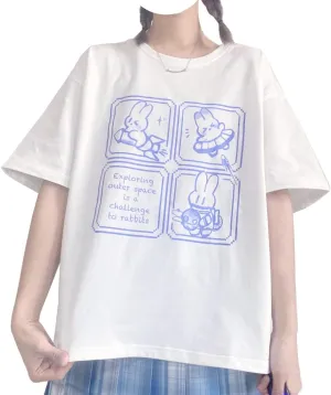 Harajuku Fashion Kawaii Goth Casual Style Soft Loose Crewneck Cute Cartoon Space Bunny Print T-Shirt