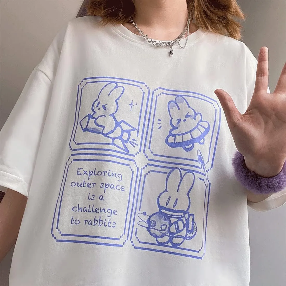 Harajuku Fashion Kawaii Goth Casual Style Soft Loose Crewneck Cute Cartoon Space Bunny Print T-Shirt