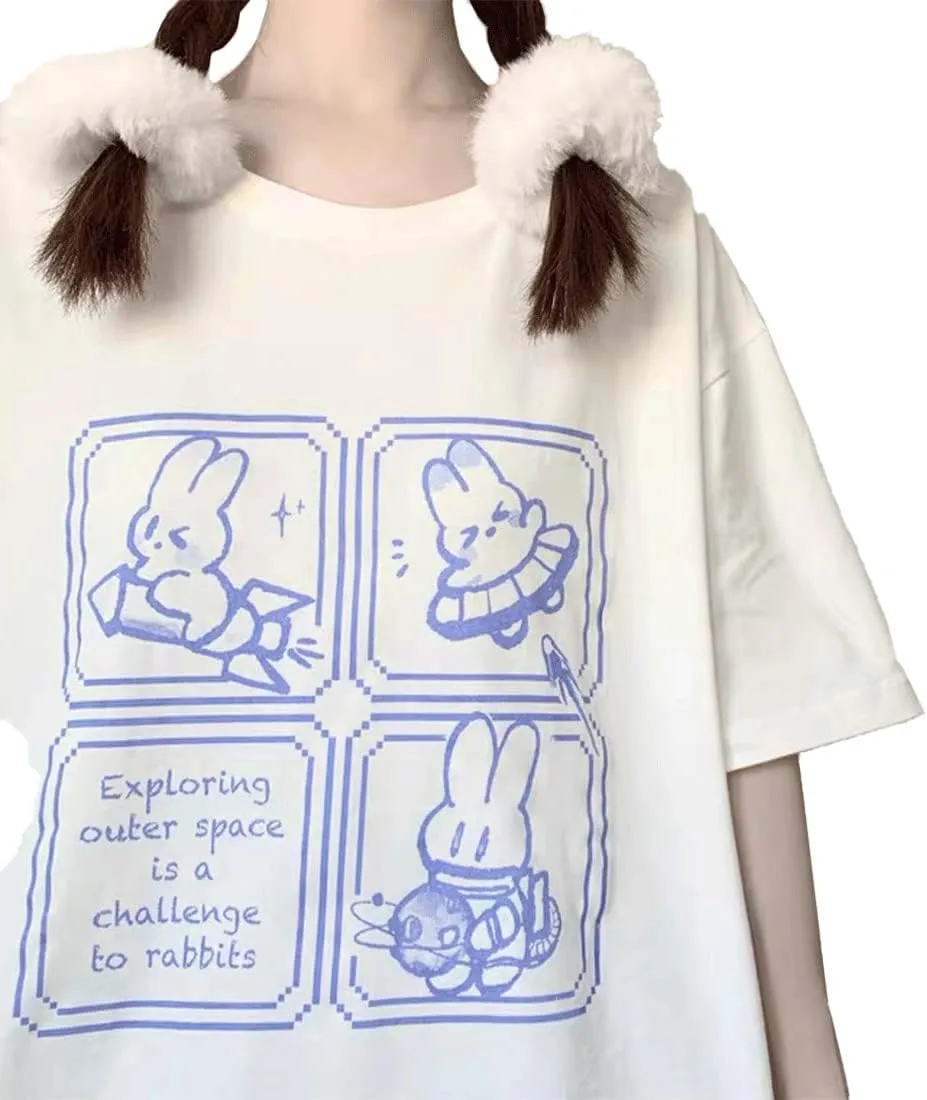 Harajuku Fashion Kawaii Goth Casual Style Soft Loose Crewneck Cute Cartoon Space Bunny Print T-Shirt