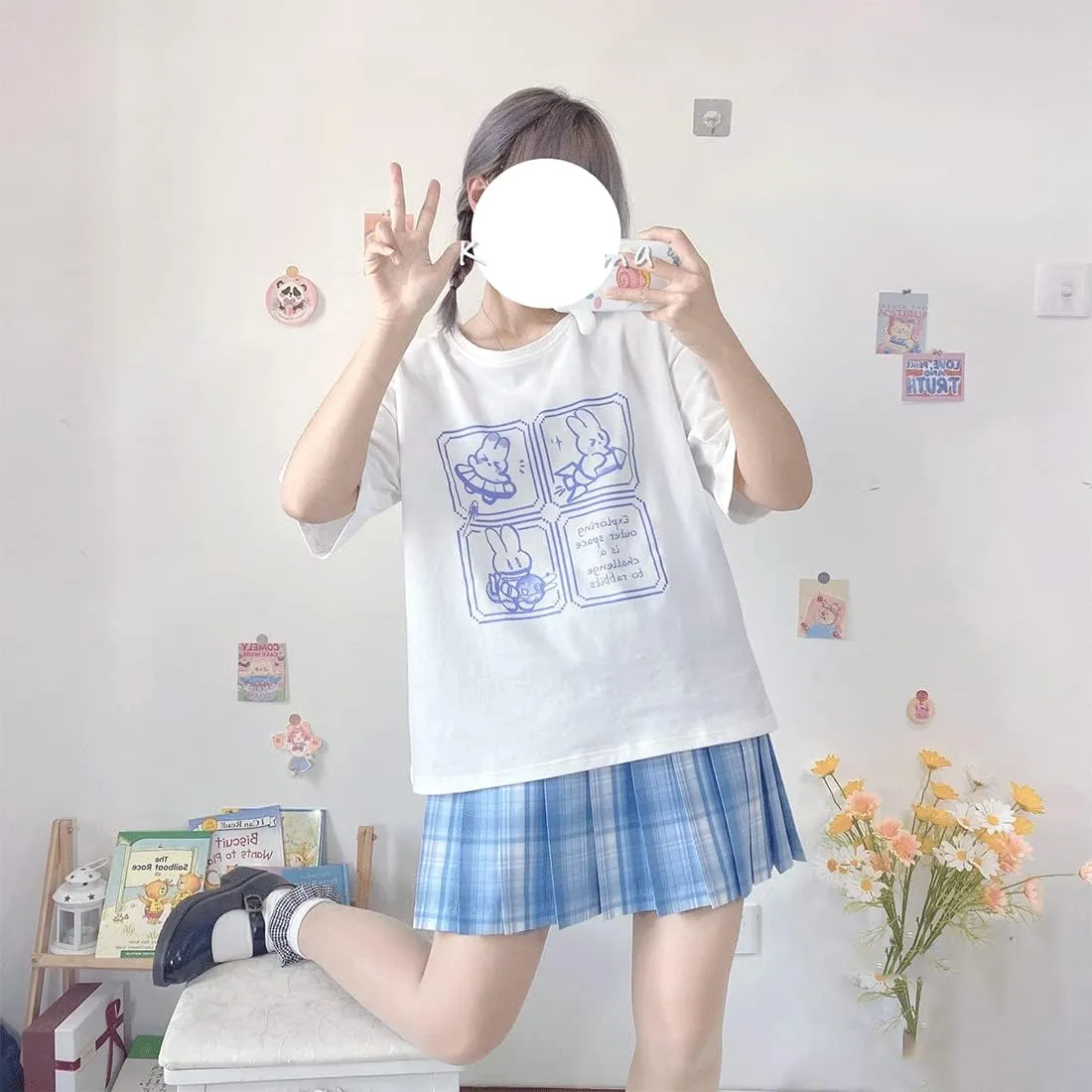 Harajuku Fashion Kawaii Goth Casual Style Soft Loose Crewneck Cute Cartoon Space Bunny Print T-Shirt