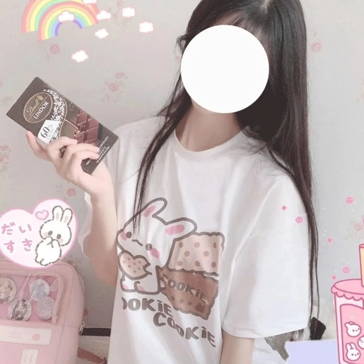 Harajuku Kawaii Fashion Pastel Gothic Casual Style Crewneck Soft Cartoon Cute Bunny Cookies Print T-Shirt