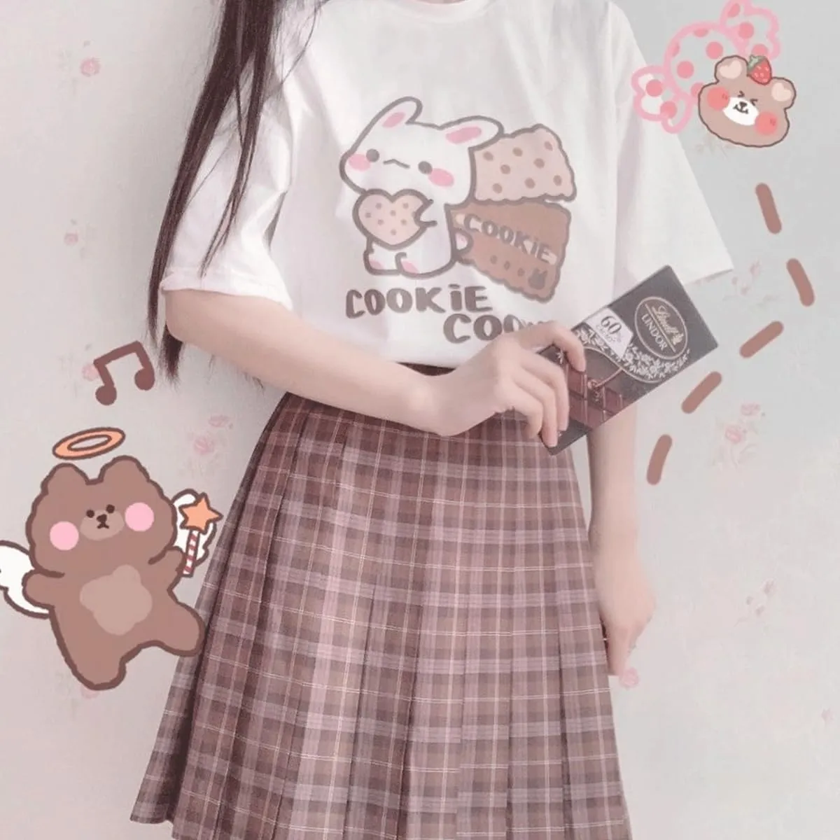 Harajuku Kawaii Fashion Pastel Gothic Casual Style Crewneck Soft Cartoon Cute Bunny Cookies Print T-Shirt