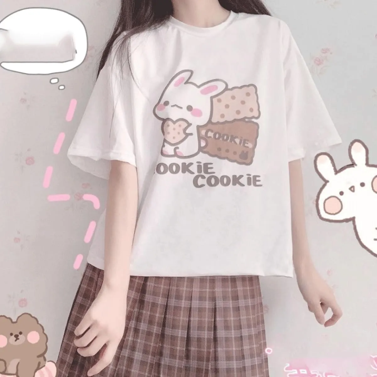 Harajuku Kawaii Fashion Pastel Gothic Casual Style Crewneck Soft Cartoon Cute Bunny Cookies Print T-Shirt