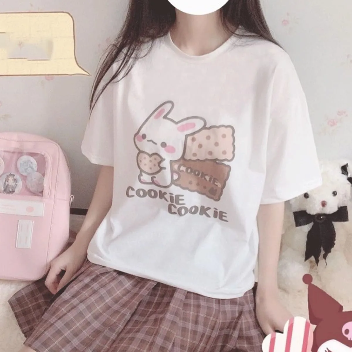 Harajuku Kawaii Fashion Pastel Gothic Casual Style Crewneck Soft Cartoon Cute Bunny Cookies Print T-Shirt