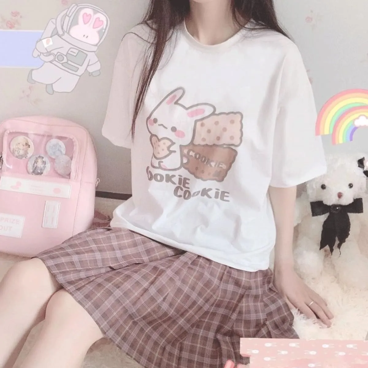 Harajuku Kawaii Fashion Pastel Gothic Casual Style Crewneck Soft Cartoon Cute Bunny Cookies Print T-Shirt