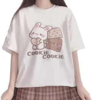 Harajuku Kawaii Fashion Pastel Gothic Casual Style Crewneck Soft Cartoon Cute Bunny Cookies Print T-Shirt