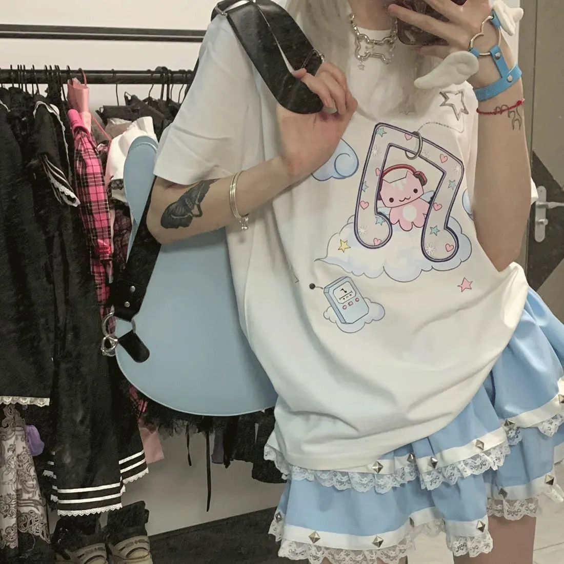 Harajuku Style Pastel Kawaii Gothic Clothes Casual Crewneck Soft Cartoon Cute Cat Music Angel Print T-Shirt