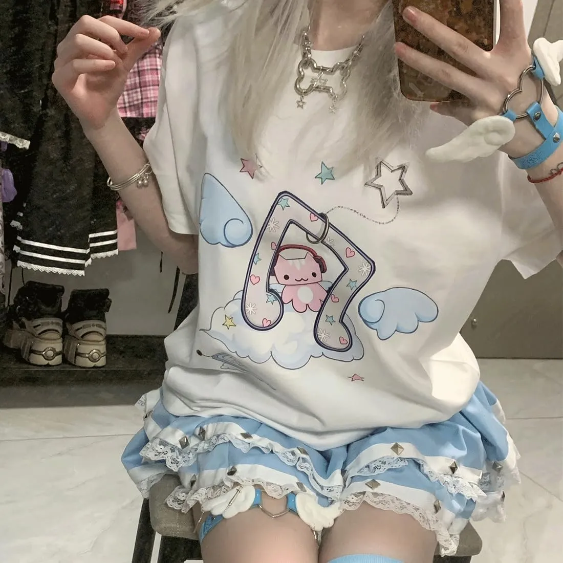 Harajuku Style Pastel Kawaii Gothic Clothes Casual Crewneck Soft Cartoon Cute Cat Music Angel Print T-Shirt