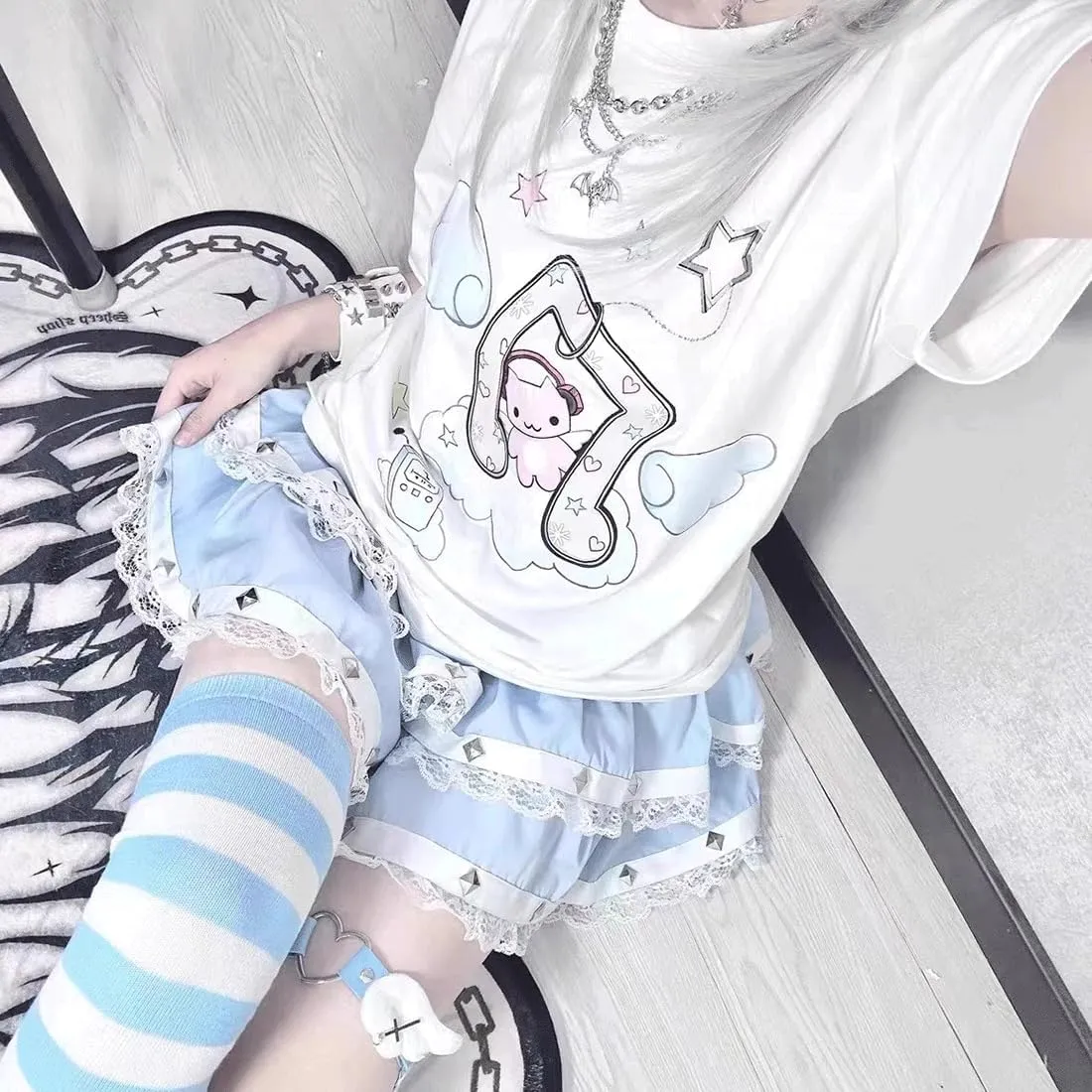Harajuku Style Pastel Kawaii Gothic Clothes Casual Crewneck Soft Cartoon Cute Cat Music Angel Print T-Shirt