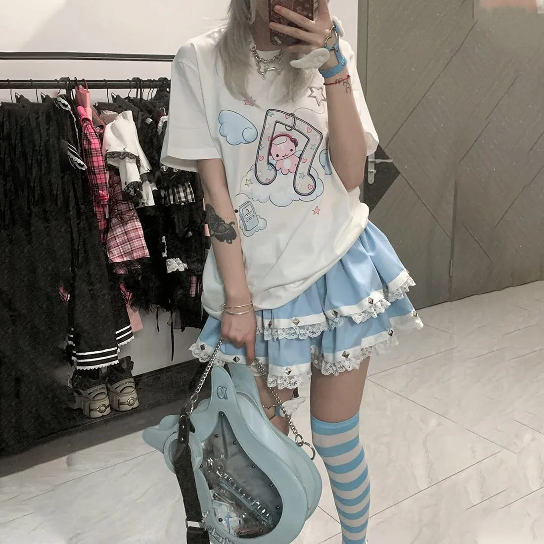 Harajuku Style Pastel Kawaii Gothic Clothes Casual Crewneck Soft Cartoon Cute Cat Music Angel Print T-Shirt