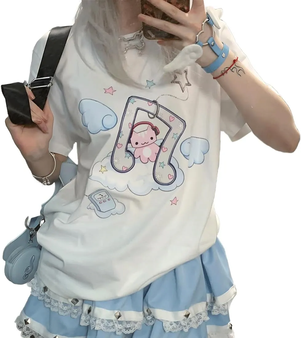 Harajuku Style Pastel Kawaii Gothic Clothes Casual Crewneck Soft Cartoon Cute Cat Music Angel Print T-Shirt