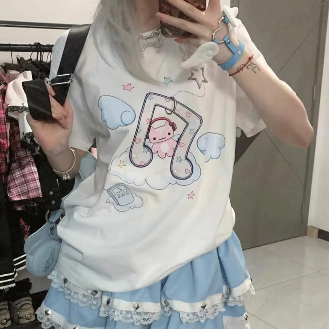 Harajuku Style Pastel Kawaii Gothic Clothes Casual Crewneck Soft Cartoon Cute Cat Music Angel Print T-Shirt