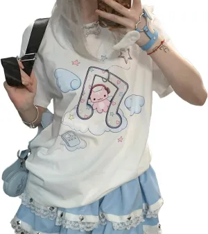 Harajuku Style Pastel Kawaii Gothic Clothes Casual Crewneck Soft Cartoon Cute Cat Music Angel Print T-Shirt