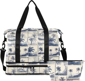 Hawaiian Palm Tree Stamp Gym Bag for Women & Men,Duffel Bag with Shoe Pocket,Weekender Overnight Bag with Trolley Sleeve for Travel 21217585
