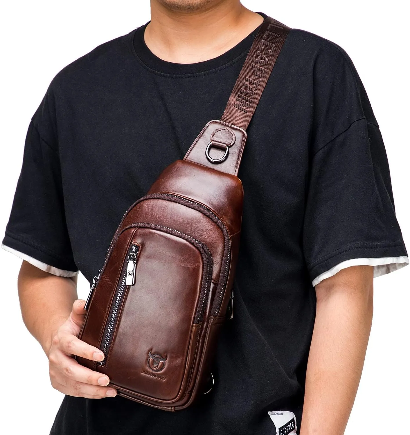 Hebetag Leather Sling Bag Crossbody Daypack for Men Women Outdoor Travel Camping Hiking Casual Shoulder Chest Pack Pouch