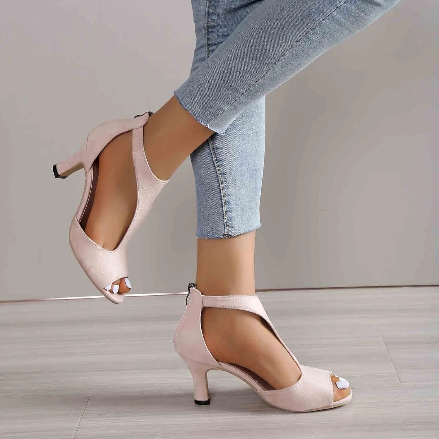 Heels for Women, Peep Toe Kitten Heel Ankle T-Strap Cutout Pumps Back Zip Mid High Heeled Sandals Casual Dress Shoes