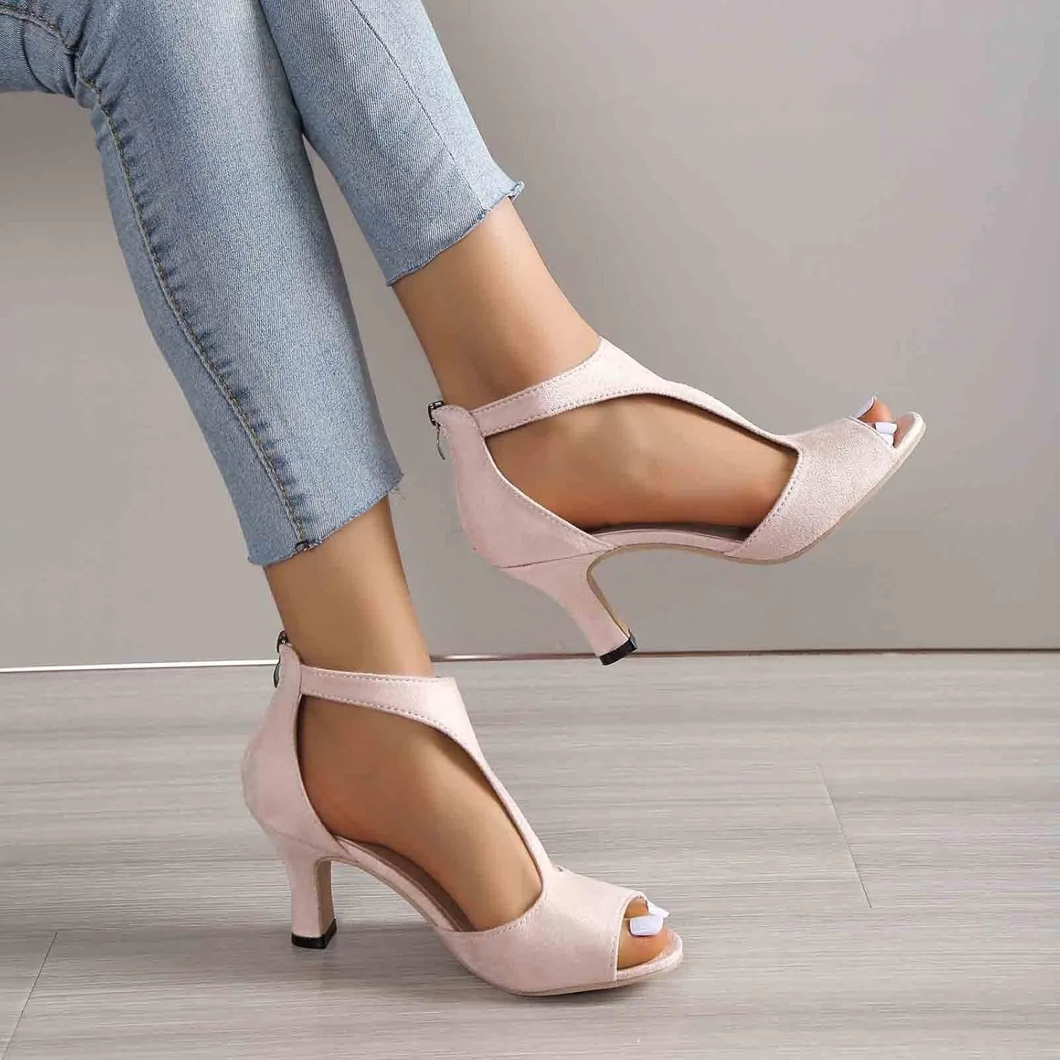 Heels for Women, Peep Toe Kitten Heel Ankle T-Strap Cutout Pumps Back Zip Mid High Heeled Sandals Casual Dress Shoes