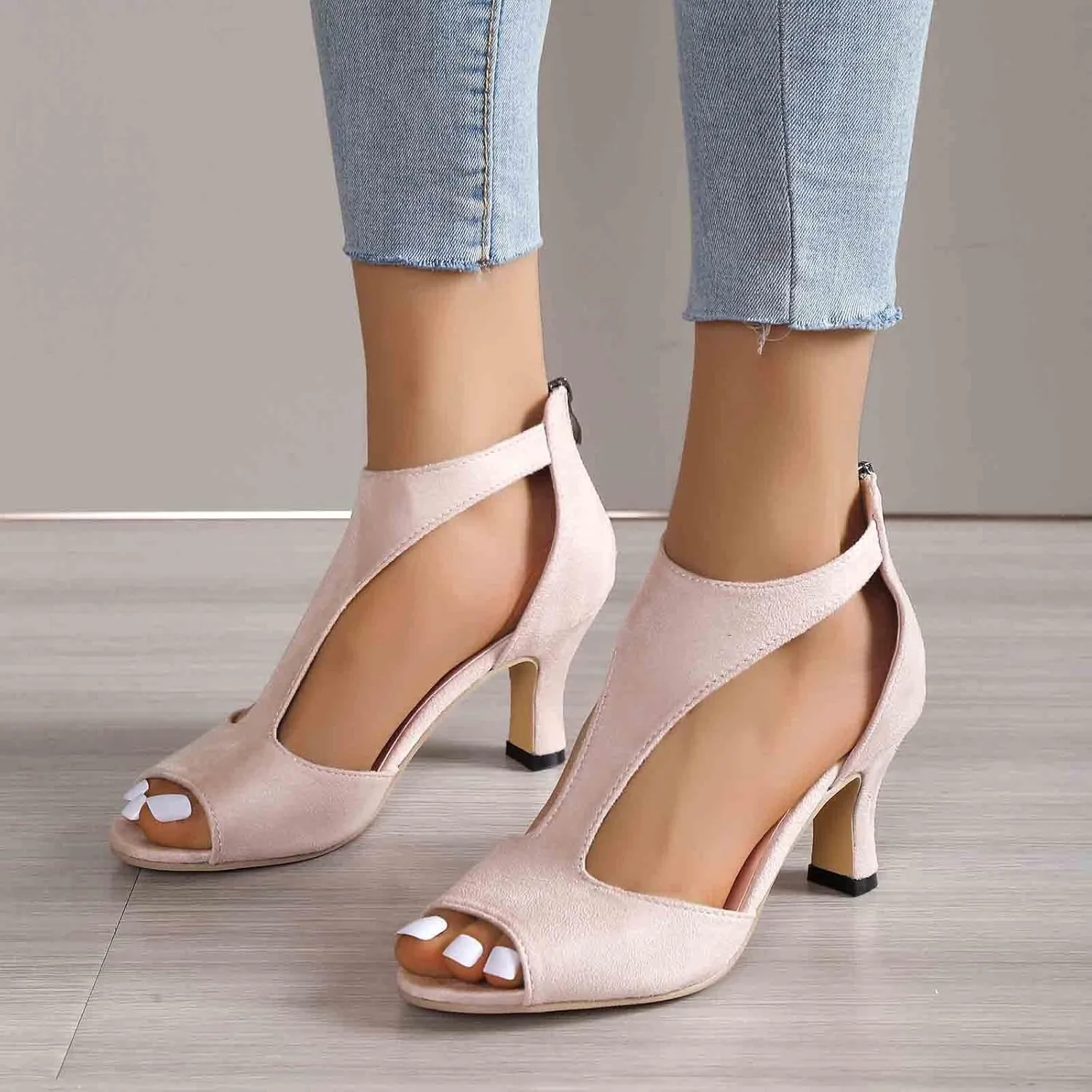Heels for Women, Peep Toe Kitten Heel Ankle T-Strap Cutout Pumps Back Zip Mid High Heeled Sandals Casual Dress Shoes
