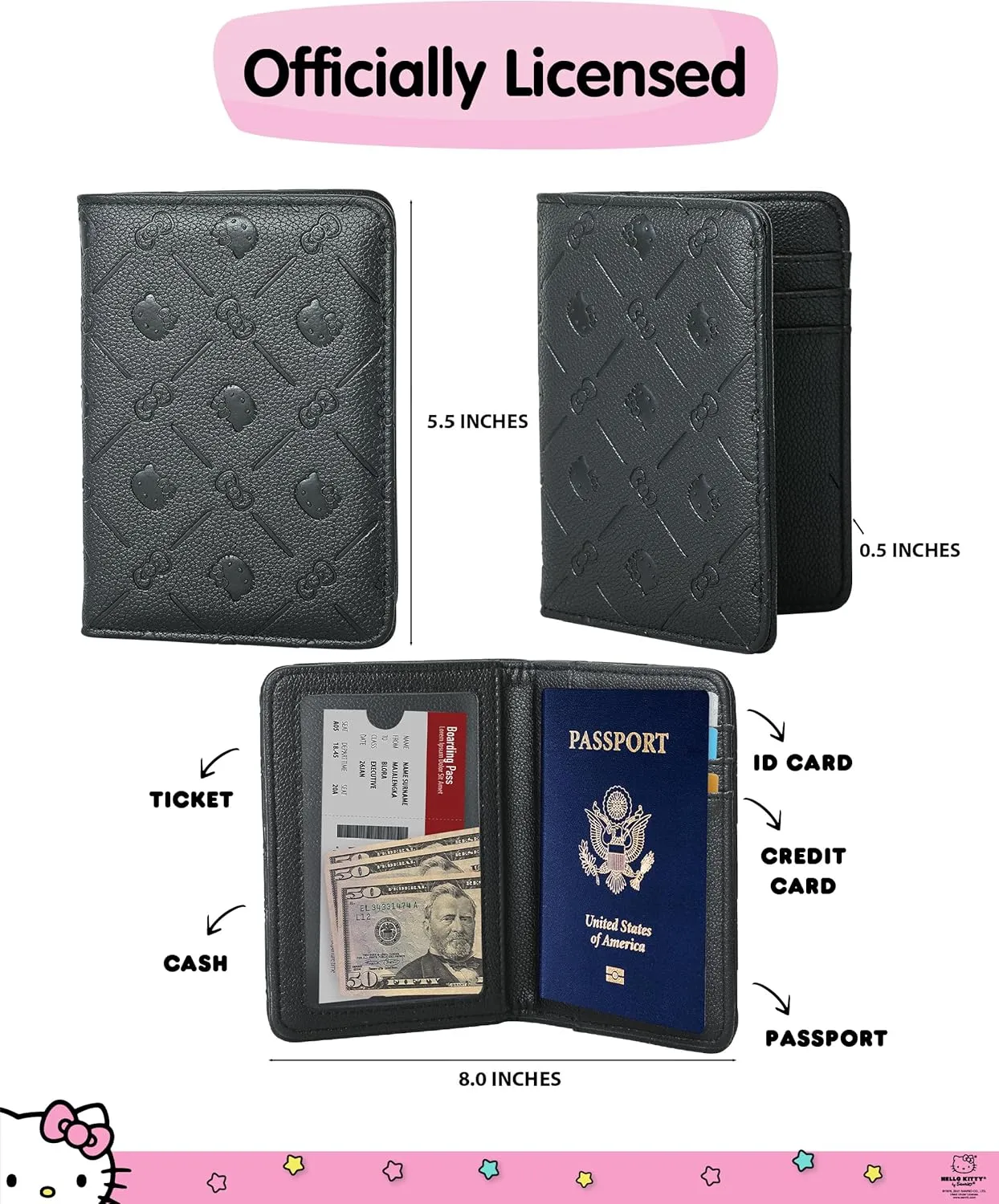 Hello Kitty Passport Holder for Travel Official License, Black Passport Cover for Women, Sanrio Gifts