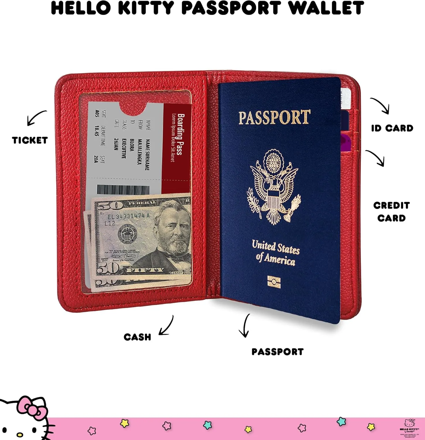 Hello Kitty Passport Holder for Travel Women Official License, Burgundy Red Passport Cover, Sanrio Gifts