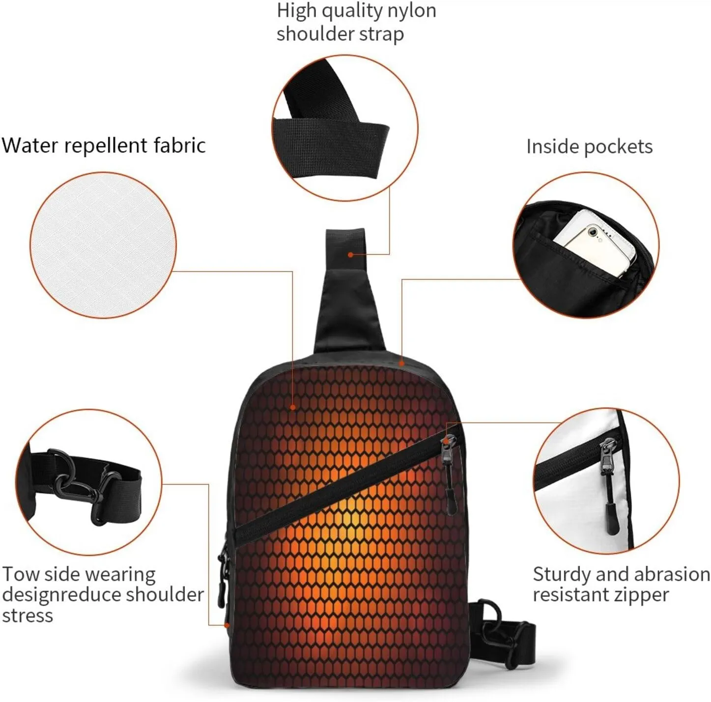 Hexagonal Orange Sling Bag for Men Women, Small Crossbody Sling Backpack Shoulder Chest Bag, Anti Theft Travel Hiking Sports