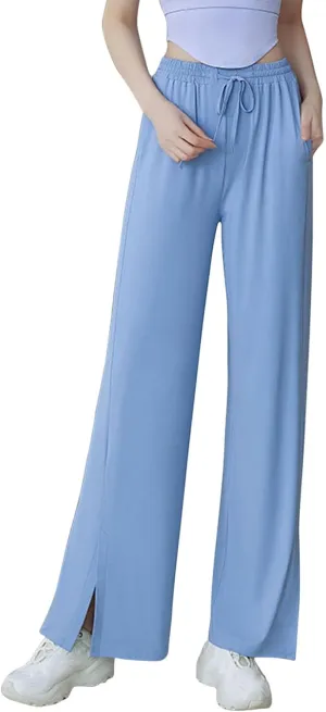 HGps8w Women's Summer Thin Split Front Palazzo Pants Wide Leg Elastic High Waisted Loose Lounge Trousers with Pockets