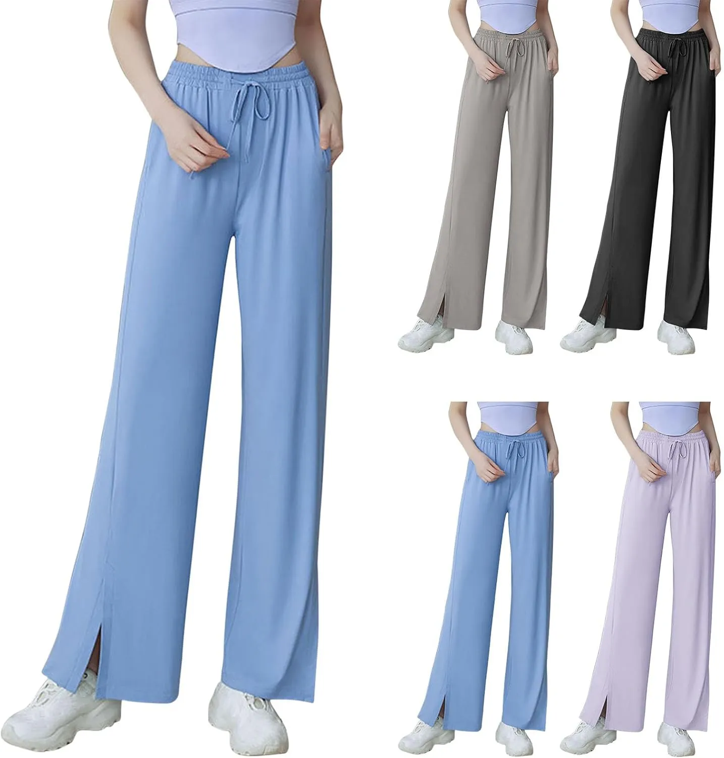 HGps8w Women's Summer Thin Split Front Palazzo Pants Wide Leg Elastic High Waisted Loose Lounge Trousers with Pockets