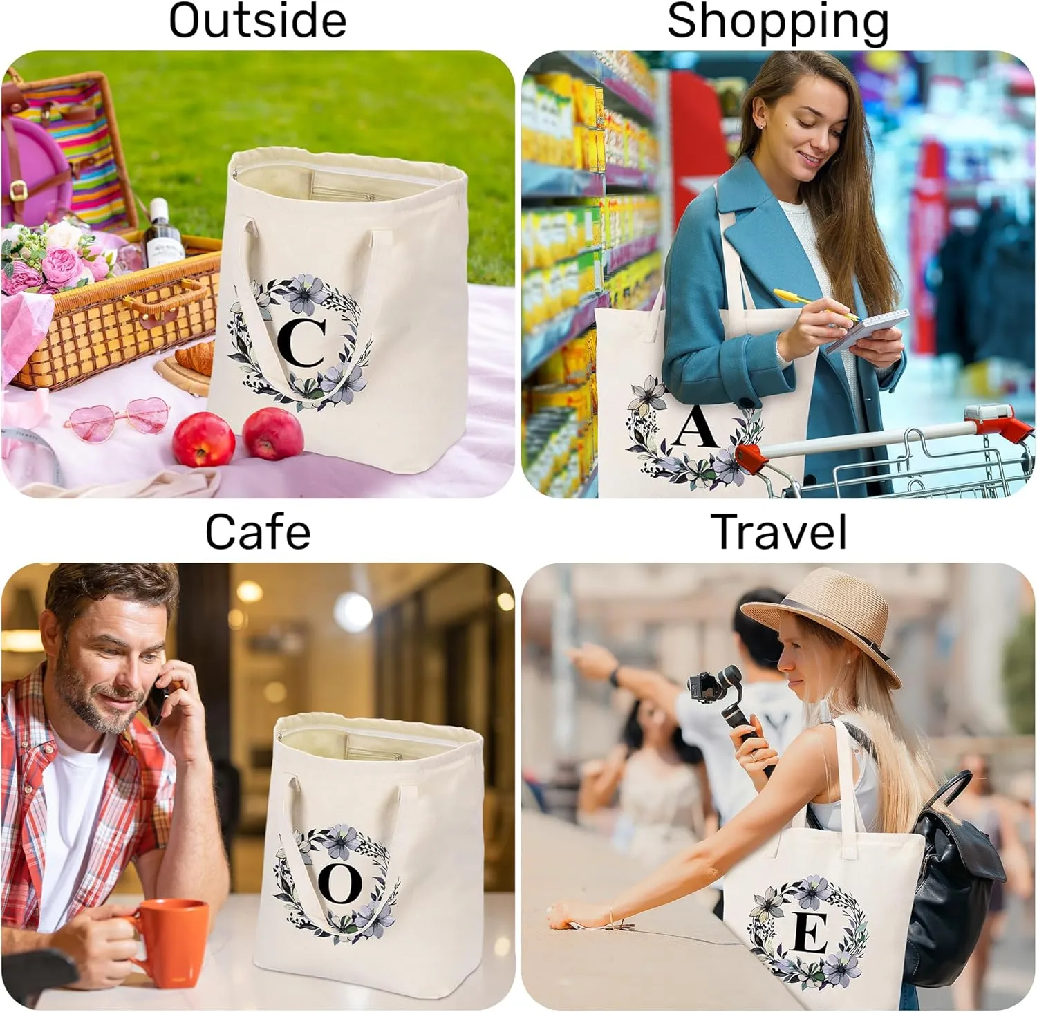 HIFA Initial Tote Bag for Women, Personalized Canvas Tote Bag -Durable Cotton, Zipper, Inner Pocket-Multipurpose Shoulder Bag