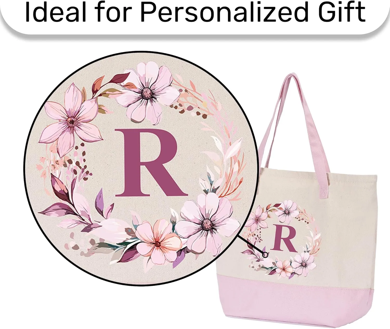 HIFA Initial Tote Bag for Women, Personalized Canvas Tote Bag -Durable Cotton, Zipper, Inner Pocket-Multipurpose Shoulder Bag